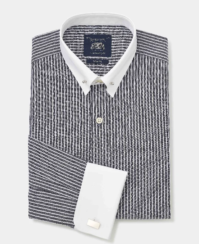 Men's Timeless Dress Shirts for Enduring StyleDark Navy Reverse Stripe Slim Fit Pin Collar Formal Shirt - White Double cuffs & Collar