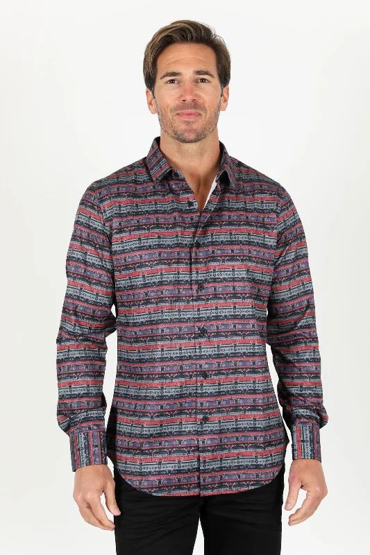 Men's French-Cuff Shirts for a Sophisticated EdgeMens Modern Fit Stretch Aztec Foiled Shirt - Black Men's French-Cuff Shirts for a Sophisticated EdgeMens Modern Fit Stretch Aztec Foiled Shirt - Black