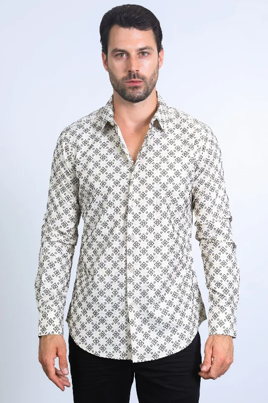 Men's Oxford Shirts for a Preppy StyleMen's Flocked Style Modern Fit Spandex Beige Shirt