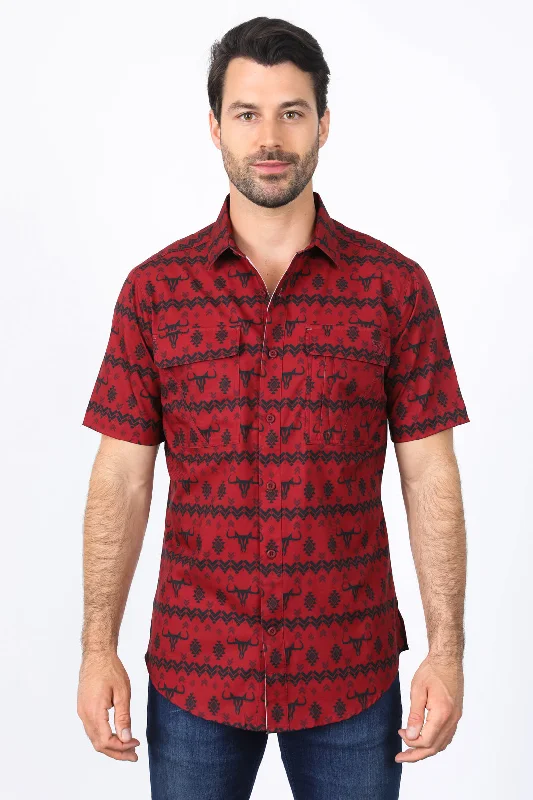 Men's Dressy Button-Down Shirts for Formal OccasionsMens Performance Classic Fit Western Red Short Sleeve Aztec Print Shirt