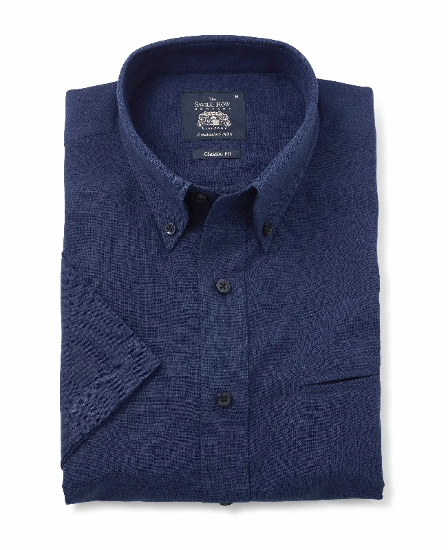 Men's Machine-Washable Shirts for ConvenienceNavy Linen-Blend Classic Fit Short Sleeve Shirt [RTC]