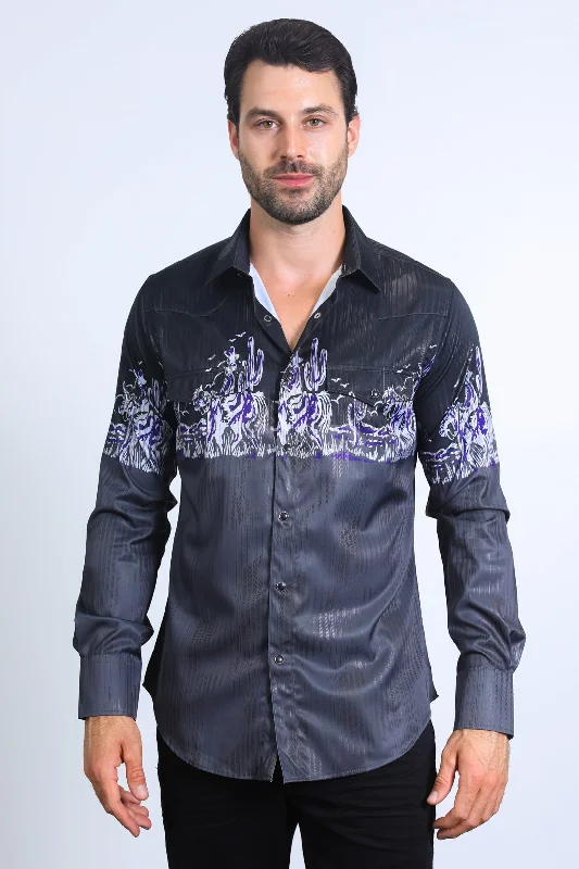 Men's Hawaiian Shirts for a Tropical VibeMens Modern Fit Panoramic Foil Print Shirt - Black Men's Hawaiian Shirts for a Tropical VibeMens Modern Fit Panoramic Foil Print Shirt - Black