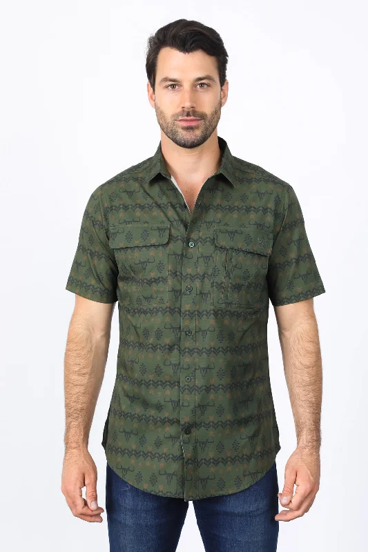 Men's Monochrome Shirts for a Minimalist VibeMens Performance Classic Fit Western Olive Short Sleeve Aztec Print Shirt