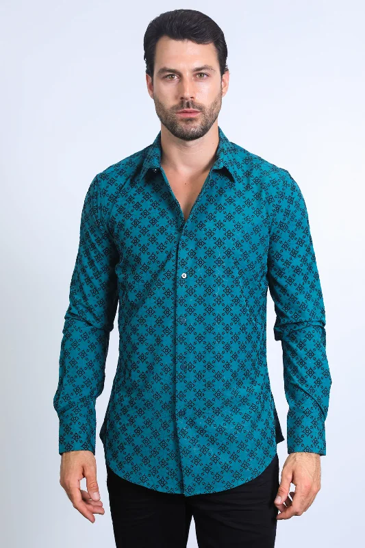 Men's Hawaiian Shirts for a Tropical VibeMen's Flocked Style Modern Fit Spandex Teal Shirt