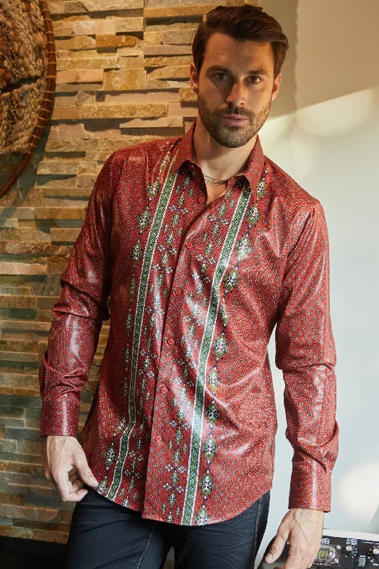Men's Short-Sleeve Shirts for Warm WeatherMens Modern Fit Stretch Aztec Foiled Shirt - Red Men's Short-Sleeve Shirts for Warm WeatherMens Modern Fit Stretch Aztec Foiled Shirt - Red
