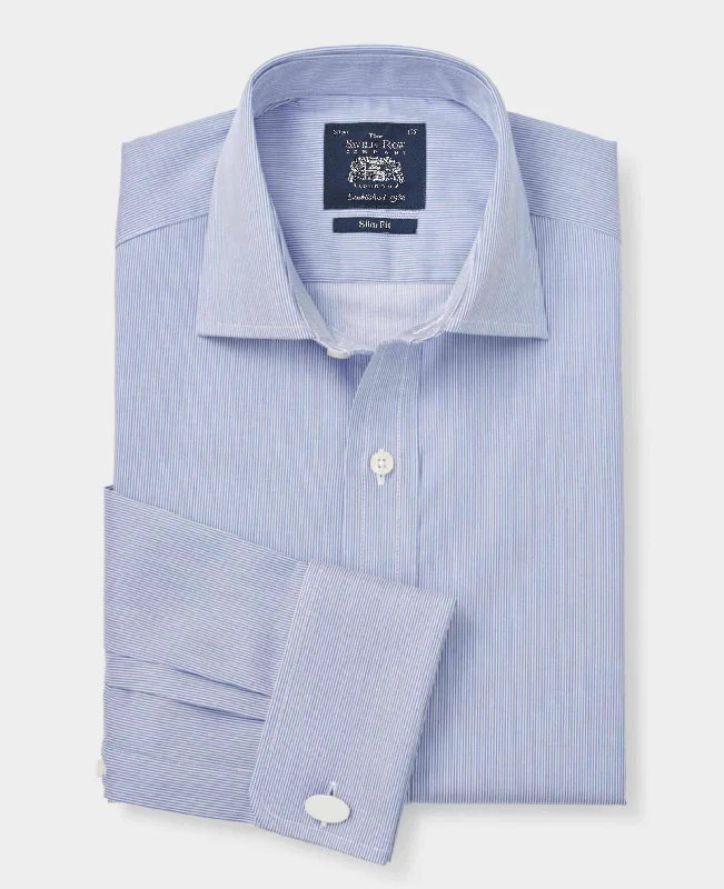Men's Patterned Casual Shirts for Relaxed StylingWhite Navy Ticking Stripe Slim Fit Formal Shirt - Double Cuff Men's Patterned Casual Shirts for Relaxed StylingWhite Navy Ticking Stripe Slim Fit Formal Shirt - Double Cuff