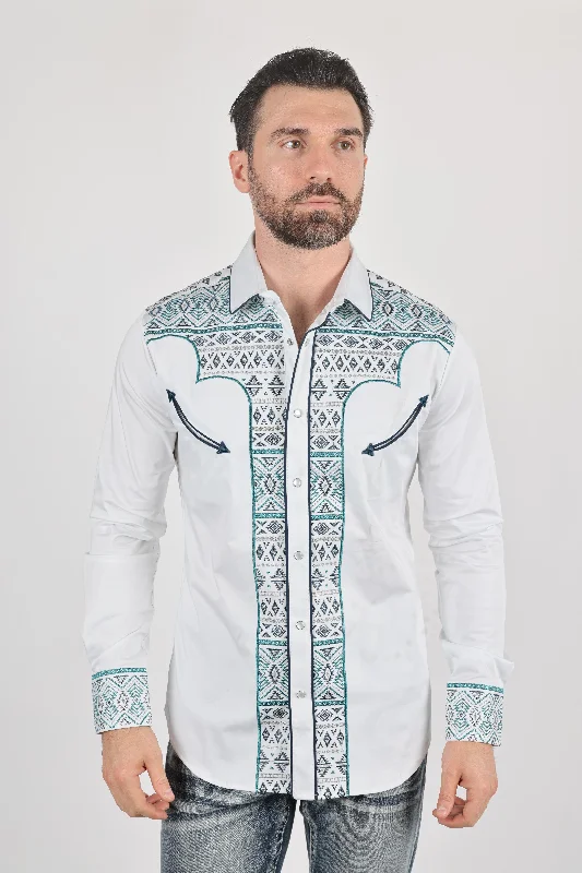 Men's Camping Shirts for Outdoor AdventuresMens Modern Fit Stretch Multi-Color Aztec Embroidery Shirt