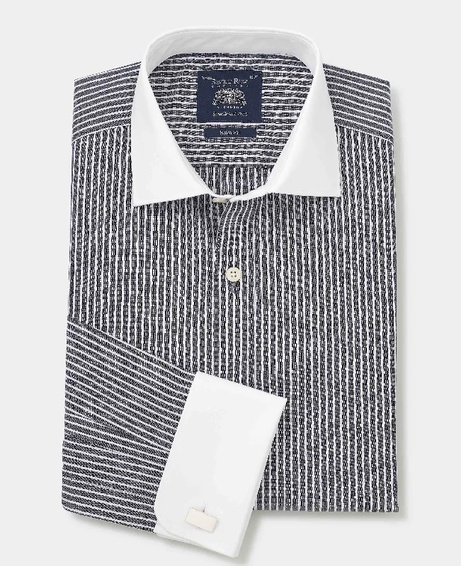 Men's Striped Shirts for a Maritime TwistDark Navy Reverse Stripe Slim Fit Formal Shirt - White Double cuffs & Collar