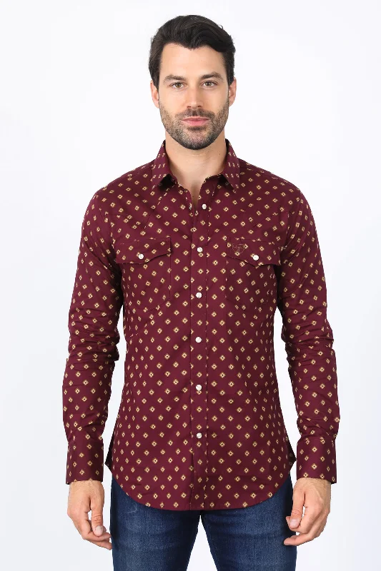 Men's Short-Sleeve Shirts for Warm WeatherMens Western Modern Fit Wine Long Sleeve Shirt with Snaps Men's Short-Sleeve Shirts for Warm WeatherMens Western Modern Fit Wine Long Sleeve Shirt with Snaps