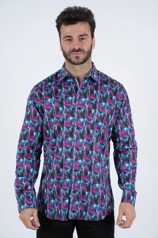 Men's Thermal Shirts for Winter WarmthPurple Rings Print Satin Cotton/Spandex Long Sleeve Shirt Men's Thermal Shirts for Winter WarmthPurple Rings Print Satin Cotton/Spandex Long Sleeve Shirt