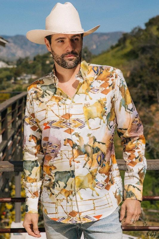 Men's Solid-Color Block Shirts for a Bold StatementMens Long Sleeve Modern Fit Stretch Wild Horses Print Shirt