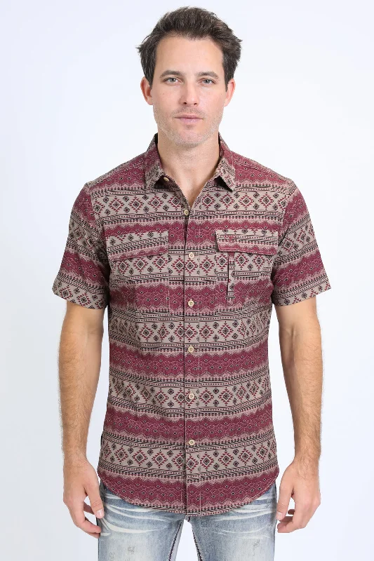 Men's Oxford Shirts for a Preppy StyleMens Performance Western Short Sleeve Aztec Print Khaki Shirt