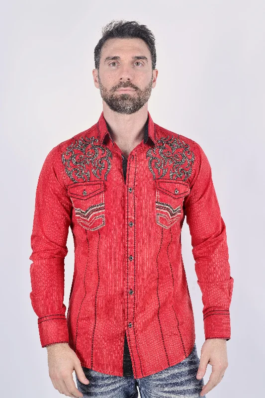 Men's Thermal Shirts for Winter WarmthMens Vintage Washed 2-tone Embroidery Modern Fit Stretch Shirt