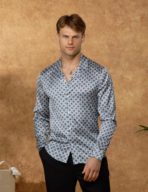 Casual Men's Button-Down ShirtsGrey/White Block Printed Long Sleeve Shirt