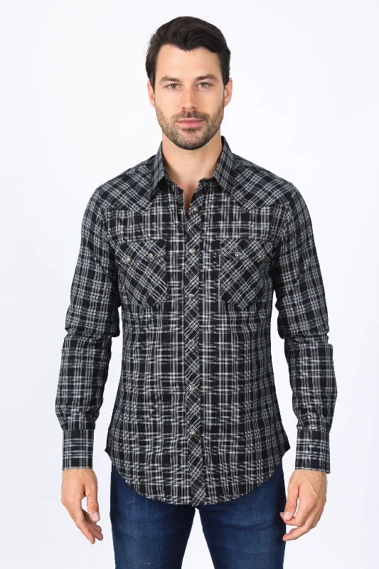 Men's Performance Fabric Shirts for All-Day ComfortMens Western Checkered Black Long Sleeve Shirts Men's Performance Fabric Shirts for All-Day ComfortMens Western Checkered Black Long Sleeve Shirts