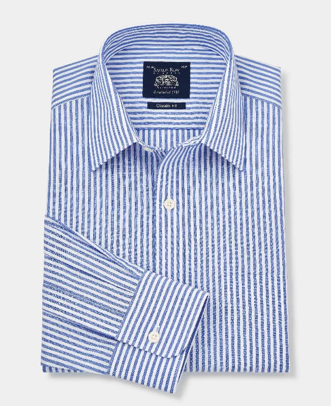 Breathable Men's Linen ShirtsBlue Classic Fit Striped Formal Shirt - Single Cuff