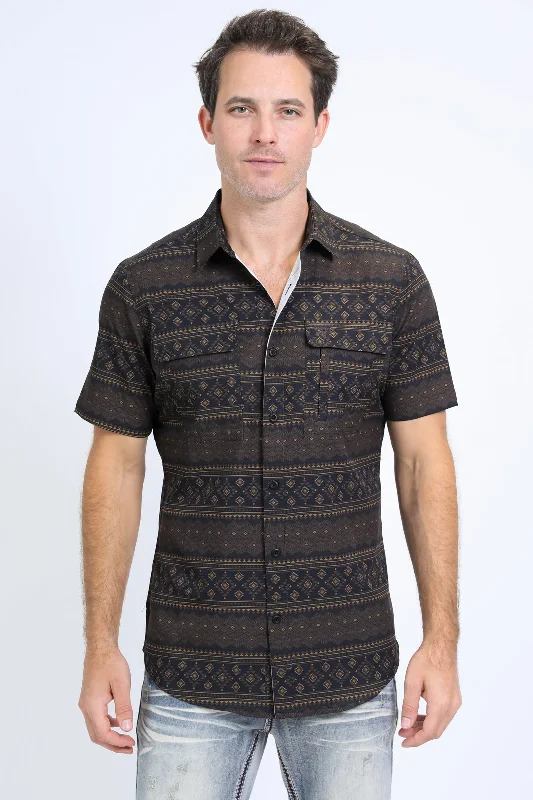 Men's Button-Down Collar Shirts for Staying PolishedMens Performance Western Short Sleeve Aztec Print Black Shirt