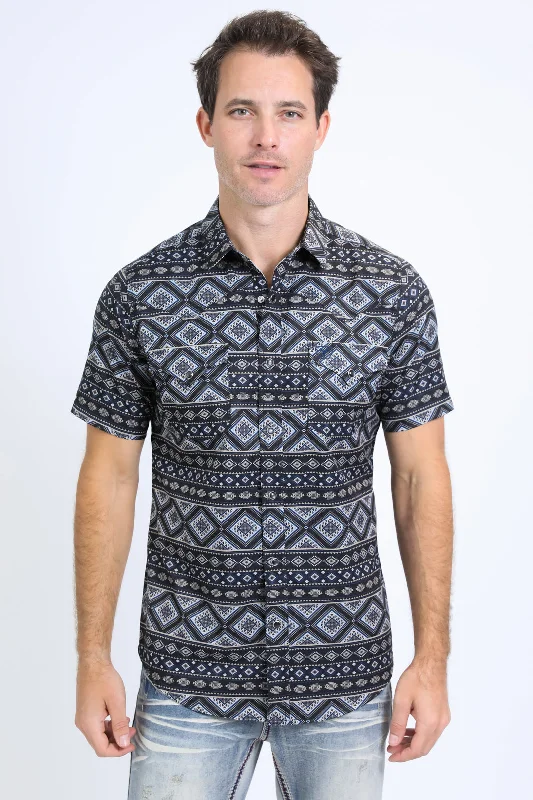 Men's Versatile Dress Shirts for Multiple OccasionsMens Performance Western Short Sleeve Aztec Print Black Shirt Men's Versatile Dress Shirts for Multiple OccasionsMens Performance Western Short Sleeve Aztec Print Black Shirt