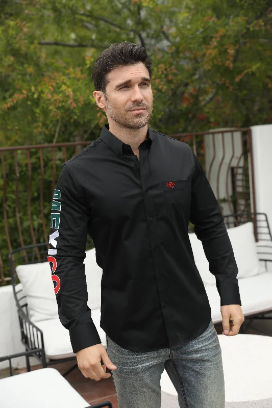 Men's Smart Casual Shirts for Business Casual SettingsMen’s Single Pocket Logo Modern Fit Stretch Mexico Dress Shirt - Black Men's Smart Casual Shirts for Business Casual SettingsMen’s Single Pocket Logo Modern Fit Stretch Mexico Dress Shirt - Black
