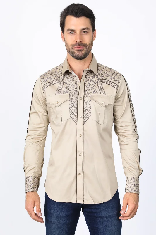 Men's Checked Short-Sleeve Shirts for Summer FunMens Embroidery Modern Fit Stretch Khaki Long Sleeve Shirt