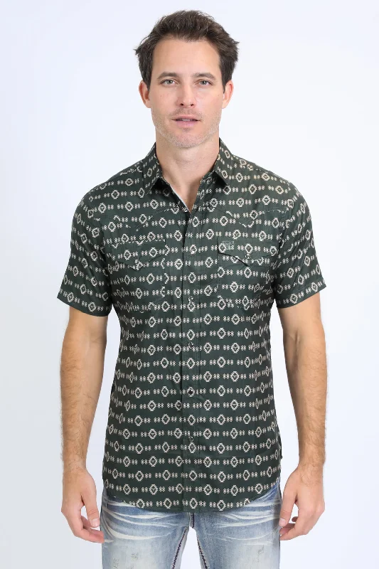 Stylish Men's Graphic T-ShirtsMens Performance Western Short Sleeve Aztec Print Green Shirt