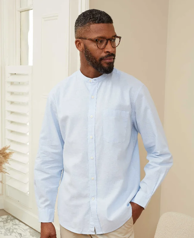 Men's Pattern-Play Shirts for a Fun TwistLight Blue Linen Cotton Grandad Collar Shirt Men's Pattern-Play Shirts for a Fun TwistLight Blue Linen Cotton Grandad Collar Shirt