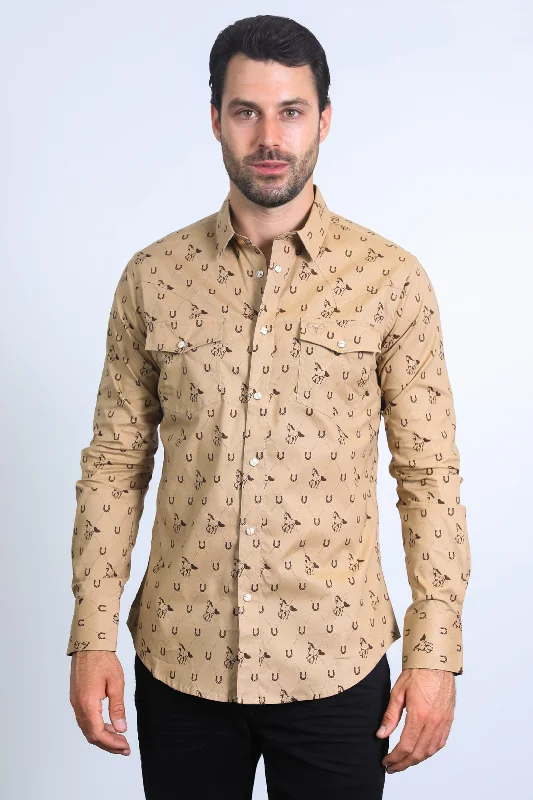 Men's Travel Shirts for Easy PackingMens Western Modern Fit Cotton/Spandex Long Sleeve Khaki Shirt with Snaps Men's Travel Shirts for Easy PackingMens Western Modern Fit Cotton/Spandex Long Sleeve Khaki Shirt with Snaps