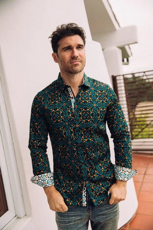 Men's Graphic Print T-Shirts for a Statement LookSmall Print Satin Cotton/Spandex Long Sleeve Shirt Men's Graphic Print T-Shirts for a Statement LookSmall Print Satin Cotton/Spandex Long Sleeve Shirt
