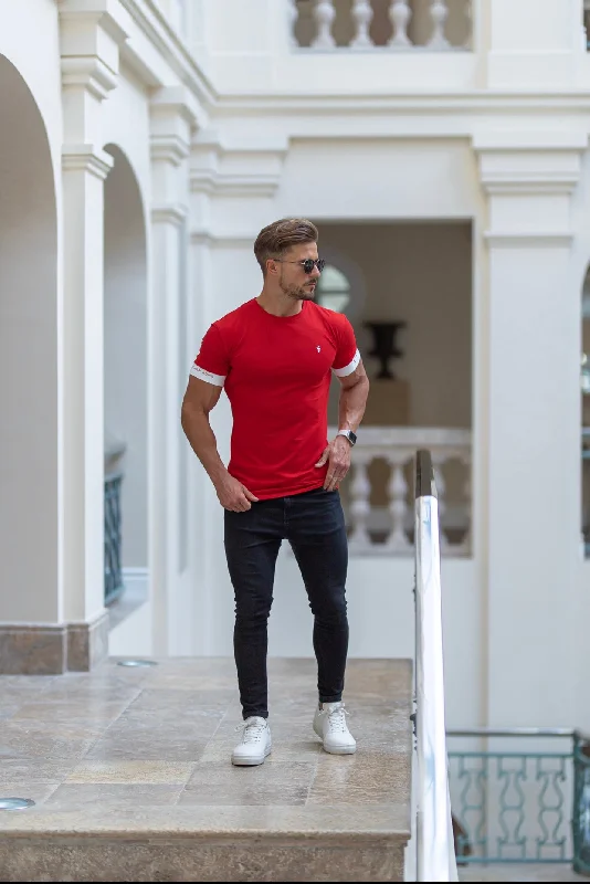 Men's Golf Shirts for On-Course StyleFather Sons Classic Red Crew T Shirt with FS Elastic Sleeve Branding - FSH648 Men's Golf Shirts for On-Course StyleFather Sons Classic Red Crew T Shirt with FS Elastic Sleeve Branding - FSH648