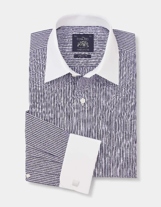Men's Striped Long-Sleeve Shirts for a Maritime FeelDark Navy White Stripe Cotton Poplin Classic Fit Formal Shirt - Double White Cuff & White Collar