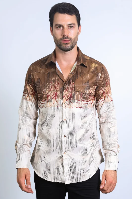 Versatile Men's Short-Sleeve ShirtsMens Modern Fit Panoramic Foil Print Shirt - Beige Versatile Men's Short-Sleeve ShirtsMens Modern Fit Panoramic Foil Print Shirt - Beige