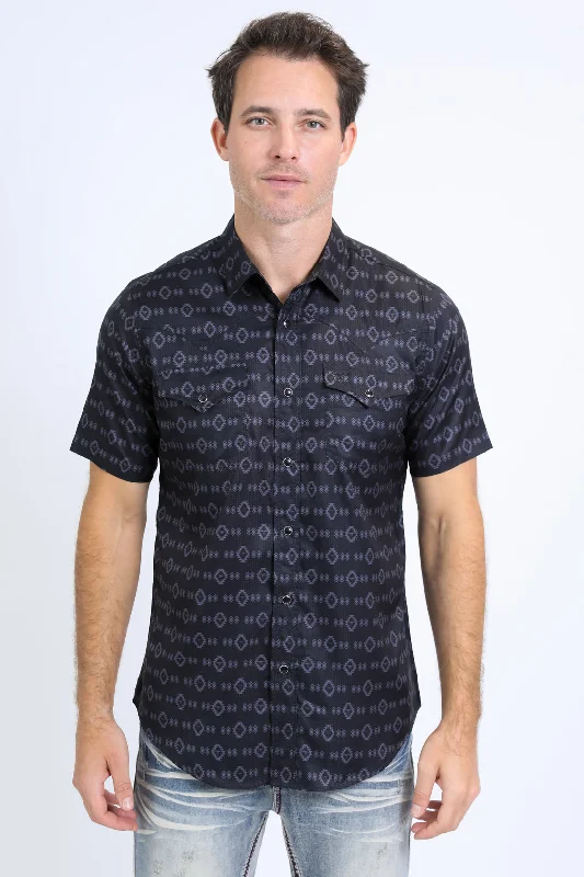 Layered Men's Henley ShirtsMens Performance Western Short Sleeve Aztec Print Black Shirt