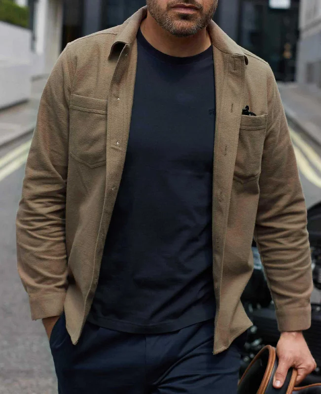 Men's Solid-Color Button-Down Shirts for VersatilityTan Brushed Cotton Overshirt