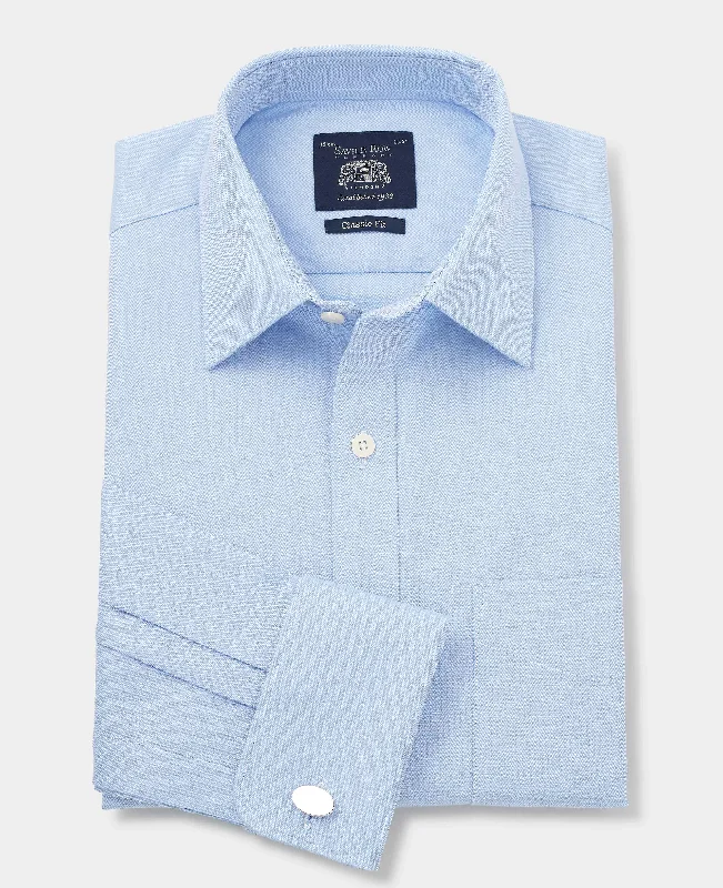 Men's Slim-Fit Shirts for a Flattering ShapeBlue Cotton Herringbone Classic Fit Formal Shirt - Double Cuff