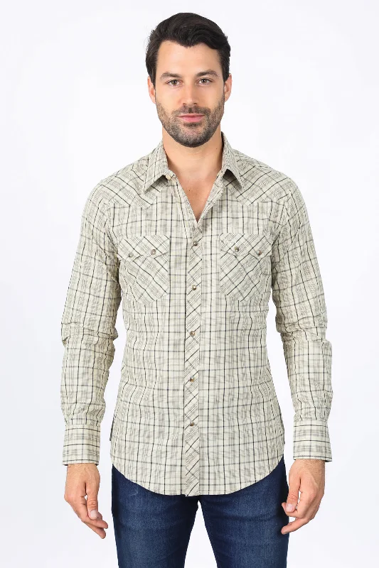 Men's Monochrome Shirts for a Minimalist VibeMens Western Checkered Khaki Long Sleeve Shirts Men's Monochrome Shirts for a Minimalist VibeMens Western Checkered Khaki Long Sleeve Shirts