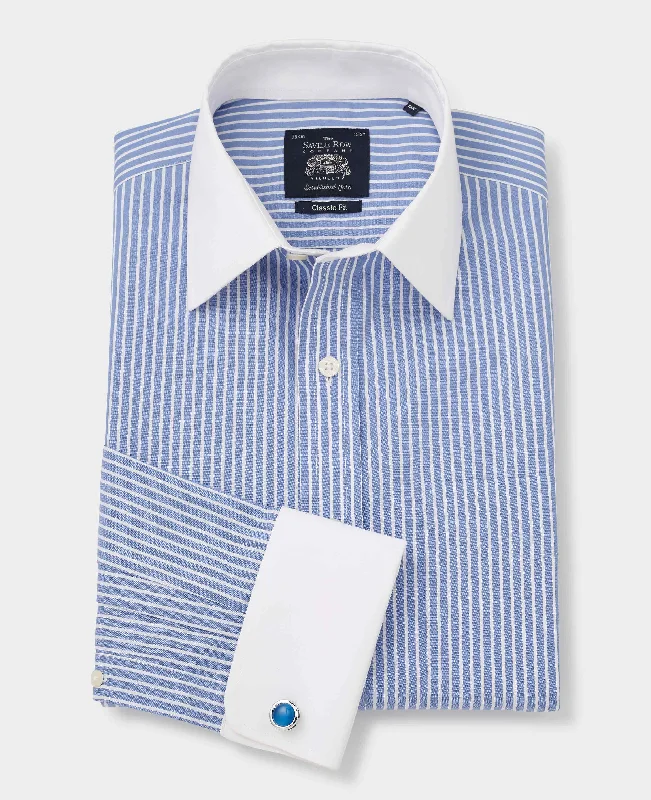 Men's Insulated Shirts for Cold WeatherBlue White Stripe Classic Fit Non-Iron Formal Shirt With White Collar & Cuffs - Double Cuff Men's Insulated Shirts for Cold WeatherBlue White Stripe Classic Fit Non-Iron Formal Shirt With White Collar & Cuffs - Double Cuff