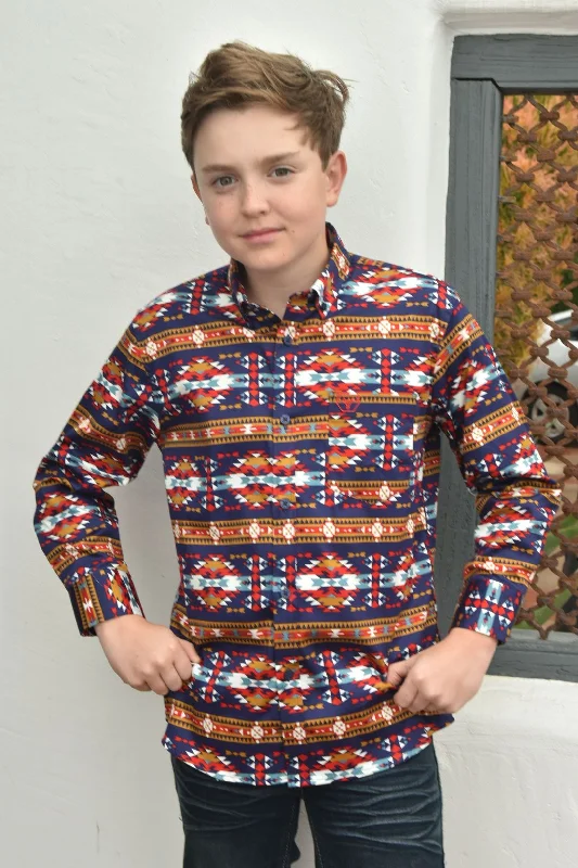 Layered Men's Henley ShirtsKid's Cotton Navy Aztec Digital Print Dress Shirt