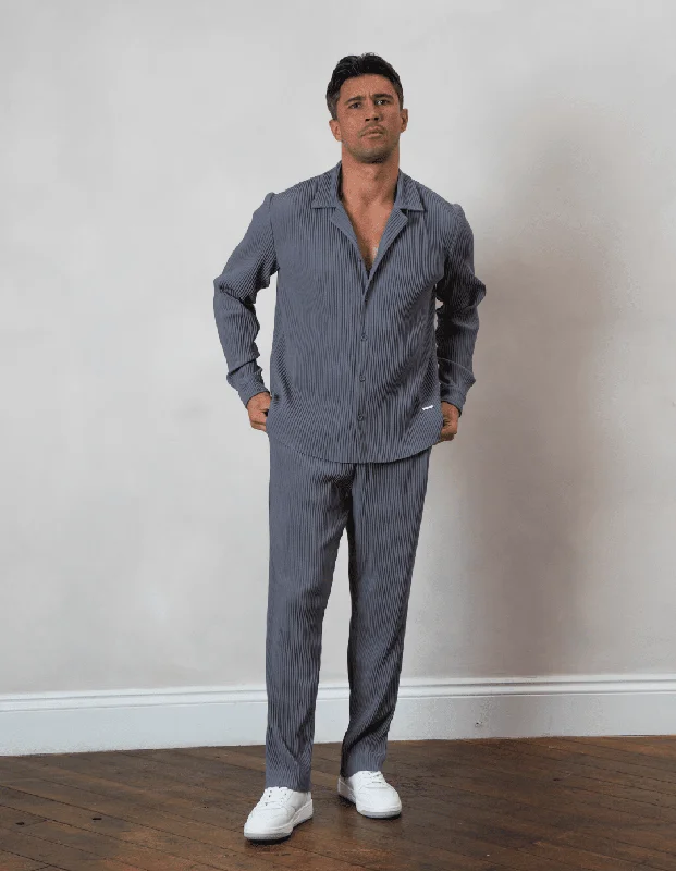 Men's Striped Shirts for a Maritime TwistSlate Grey Pleated L/S Shirt