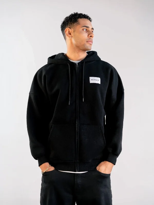 Men's Hoodies with Reflective StripesLabel Relaxed Full Zip Hoodie - Black
