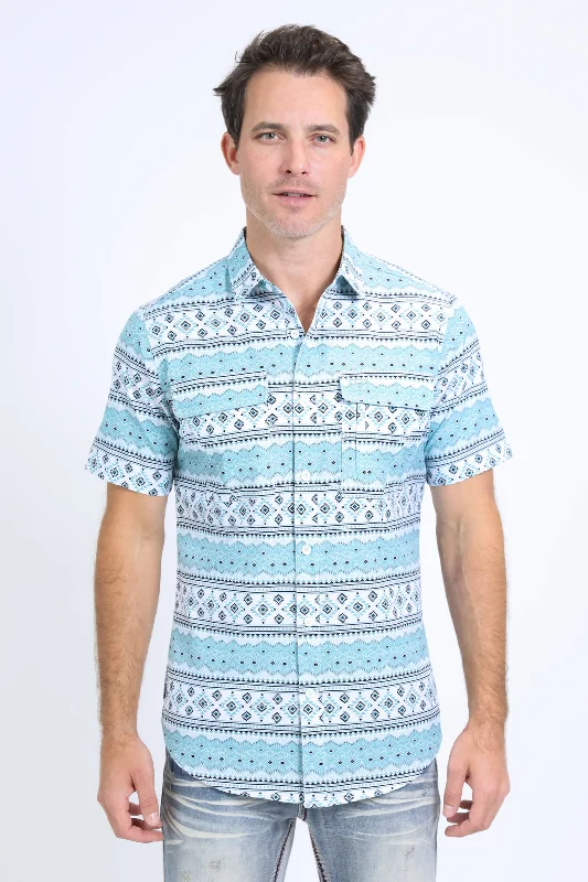 Men's Spread-Collar Shirts for a Bold StatementMens Performance Western Short Sleeve Aztec Print White Shirt