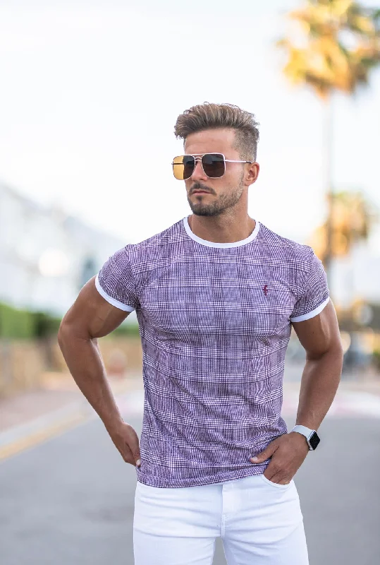 Men's Casual Friday Shirts for Relaxed Office DaysFather Sons Prince of Wales Burgundy & White Check Crew T Shirt - FSH443
