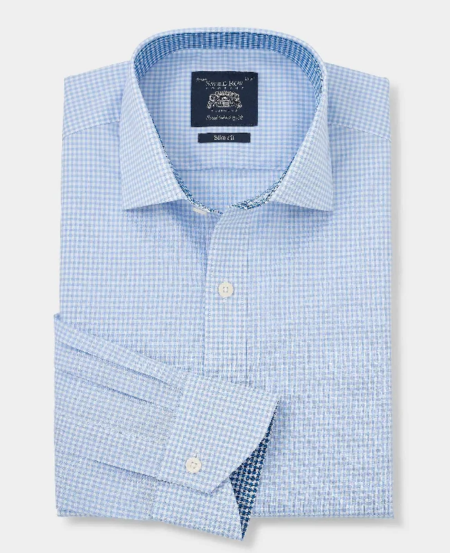 Men's Machine-Washable Shirts for ConvenienceSky Blue Cotton Gingham Slim Fit Formal Shirt - Single Cuff Men's Machine-Washable Shirts for ConvenienceSky Blue Cotton Gingham Slim Fit Formal Shirt - Single Cuff