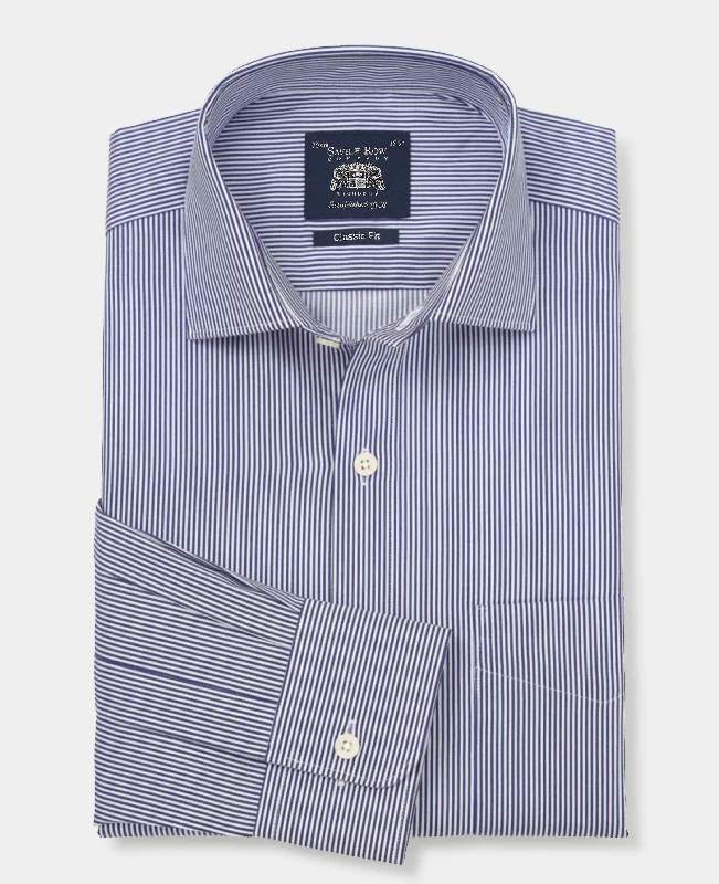 Men's Stain-Resistant Shirts for Mess-Free WearNavy Cotton Twill Classic Fit Striped Formal Shirt - Single Cuff