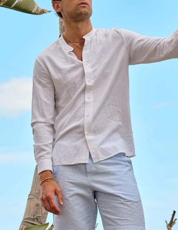 Men's Solid-Color Button-Down Shirts for VersatilityWhite Grandad Collar Shirt