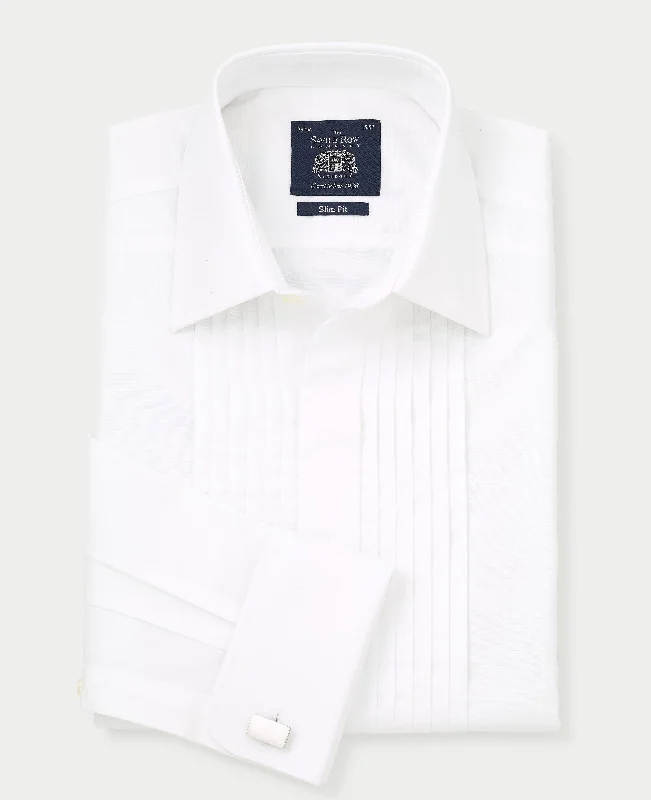 Men's Plaid Shirts for a Country CharmWhite Poplin Pleated Slim Fit Double Cuff Evening Formal Shirt
