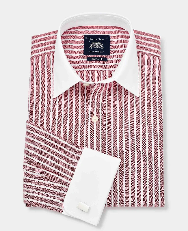 Classic Men's Dress ShirtsDark Red White Stripe Classic Fit Shirt With White Collar & Cuffs - Double Cuff