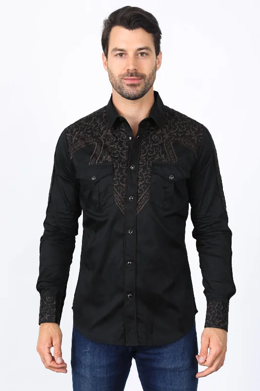 Men's Patterned Dress Shirts for a Unique TwistMens Embroidery Modern Fit Stretch Black/Brown Long Sleeve Shirt Men's Patterned Dress Shirts for a Unique TwistMens Embroidery Modern Fit Stretch Black/Brown Long Sleeve Shirt