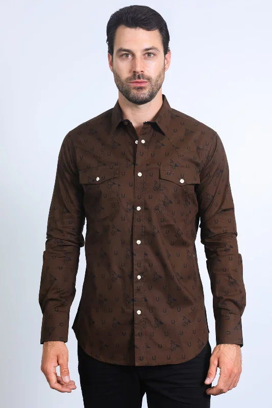 Men's Weekend Shirts for Leisurely OutingsMens Western Modern Fit Cotton/Spandex Long Sleeve Brown Shirt with Snaps Men's Weekend Shirts for Leisurely OutingsMens Western Modern Fit Cotton/Spandex Long Sleeve Brown Shirt with Snaps