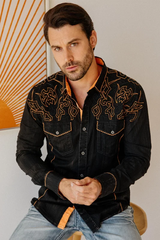 Men's Rugby Shirts for a Sporty LookMens Vintage Washed 2-tone Embroidery Modern Fit Stretch Shirt