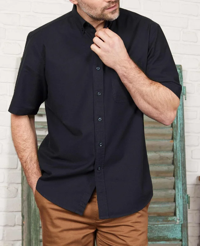 Breathable Men's Linen ShirtsDark Navy Classic Fit Short Sleeve Oxford Shirt